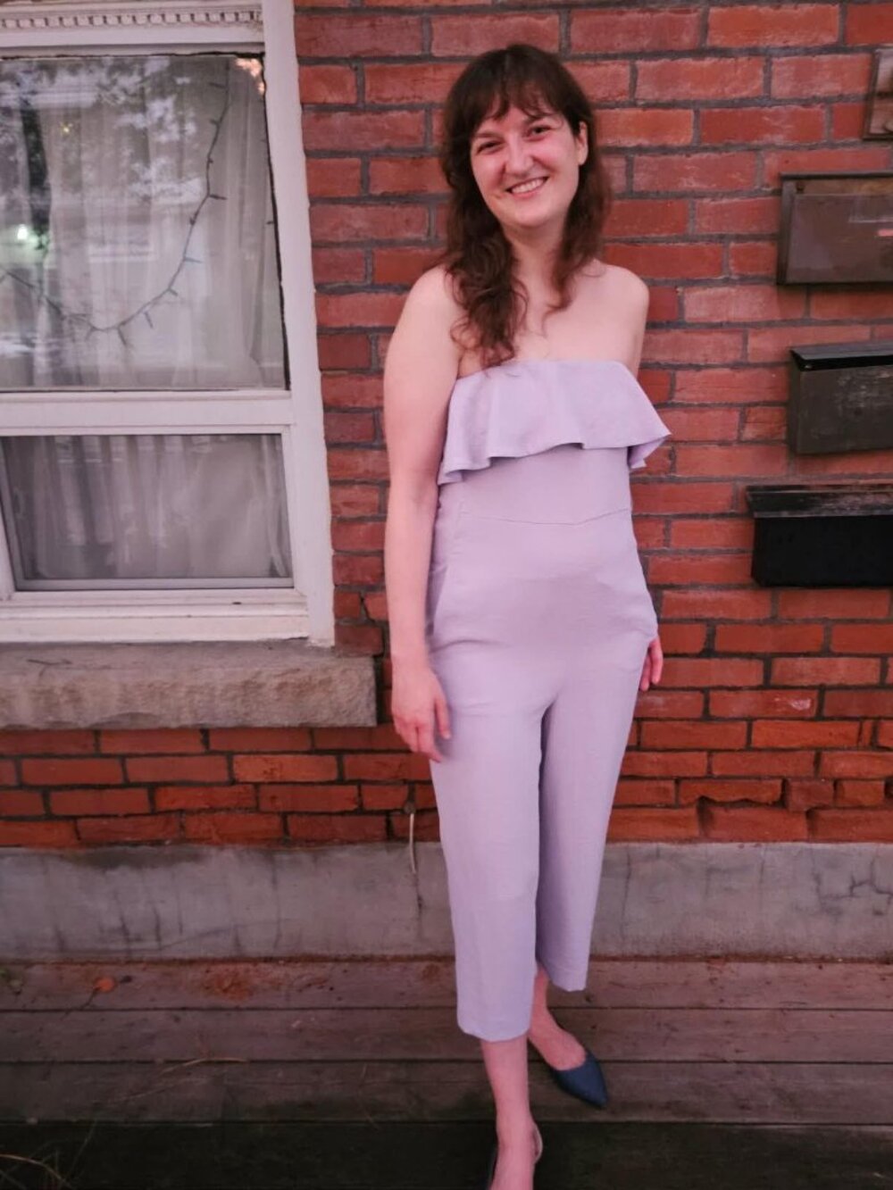 Aritzia Babaton Jumpsuit (Capris, Strapless, Romper, Lilac, Ruffles, Pastel)